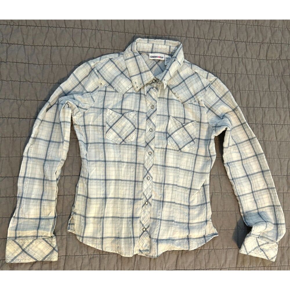 Limited Too Girl's blue and white plaid pearl snap button-up shirt Size Medium